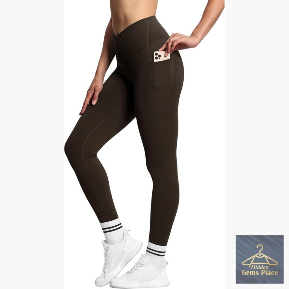 High Waist V Cross Workout Leggings with Pockets Tummy Control Yoga Pants